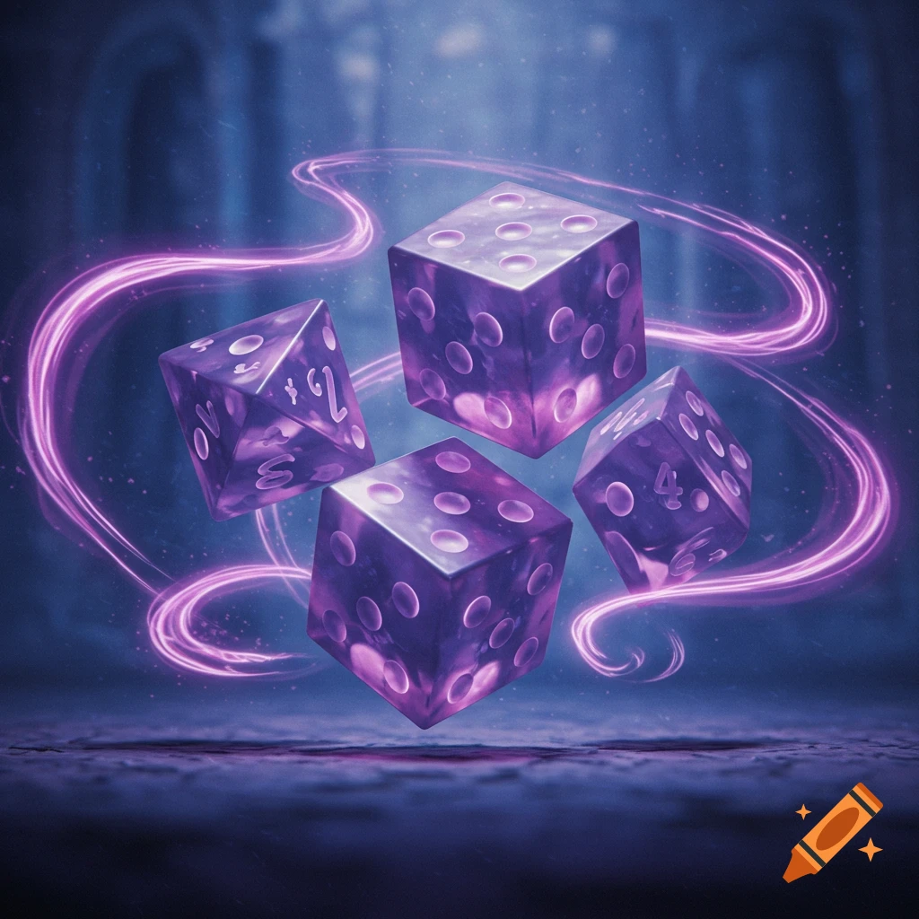 Four glowing purple dice float surrounded by swirling magic trails in a dark, atmospheric setting.
