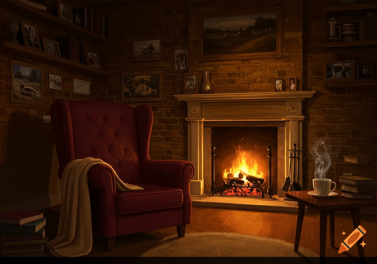 A warm, cozy living room scene with a lit fireplace, a red armchair, and a steaming cup of tea on a side table.