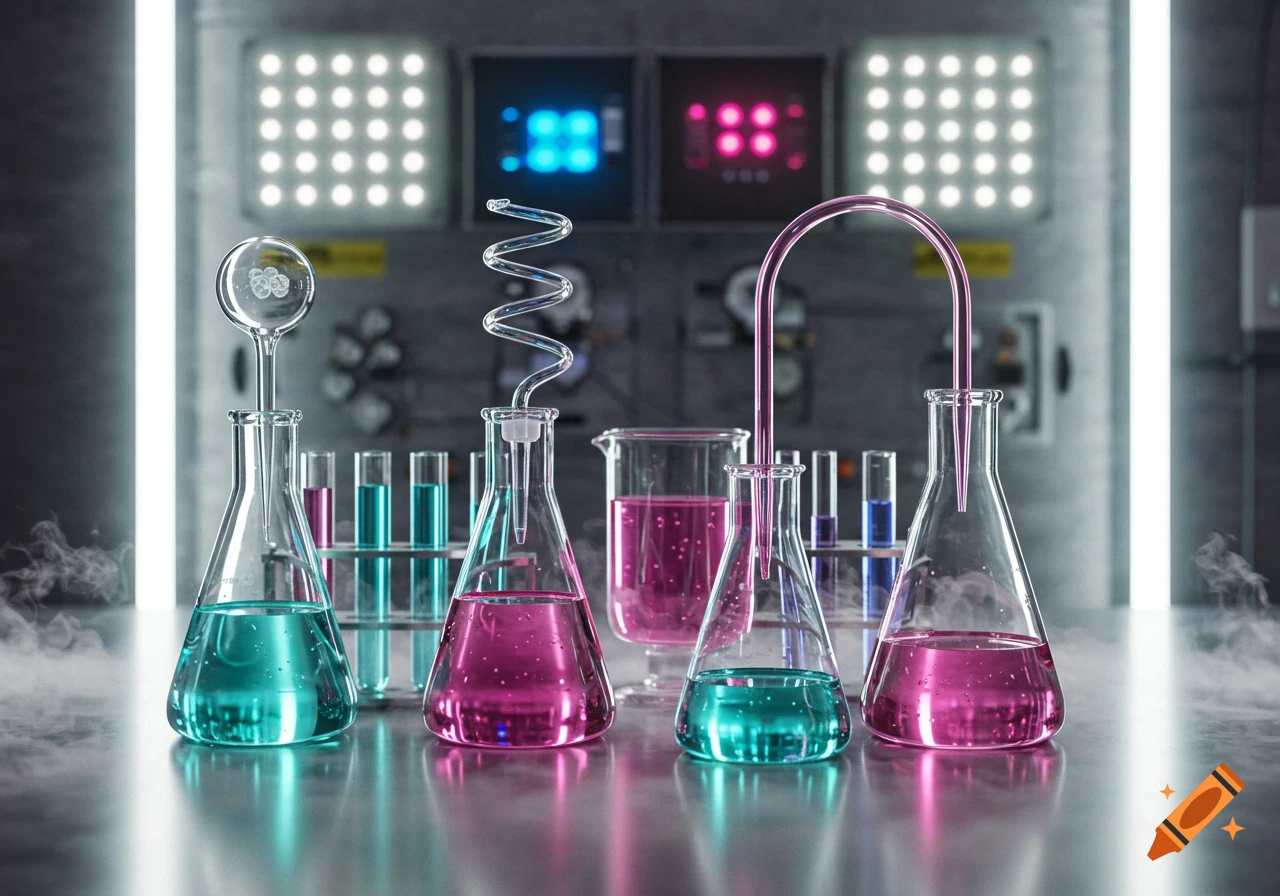 Colorful liquids in scientific glassware on a smoky lab table with glowing panels.