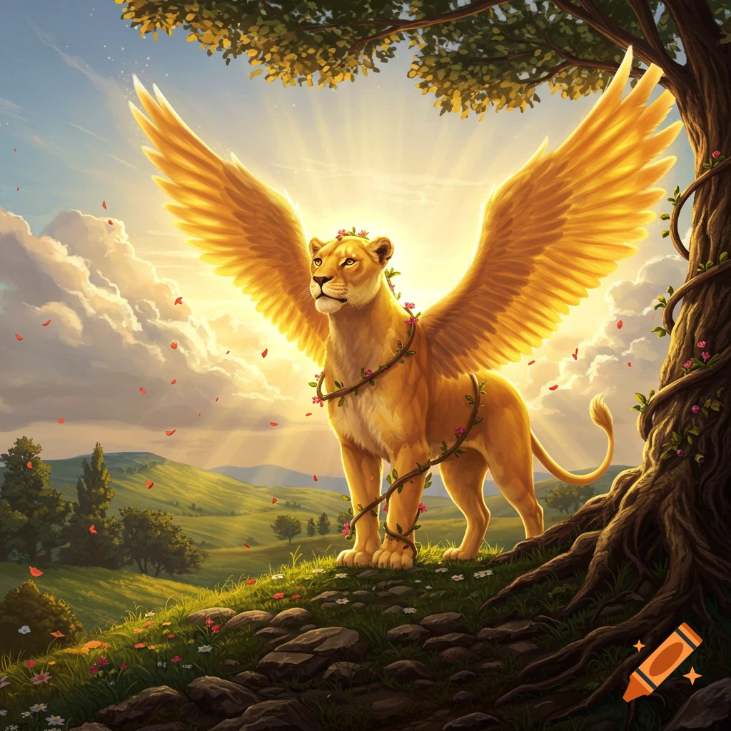 A majestic golden winged lioness stands on a grassy hill, adorned with vines and flowers, under a bright, radiant sky.
