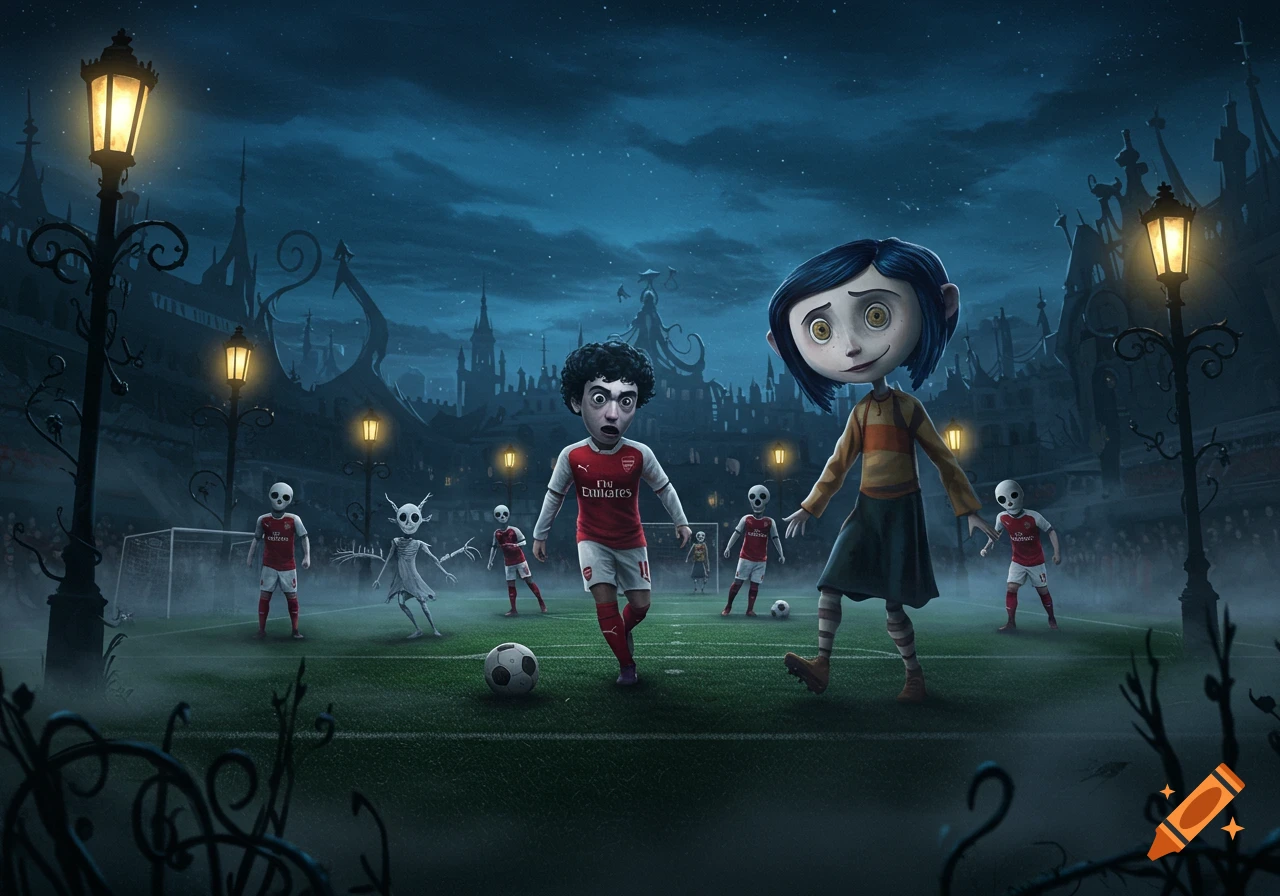 A Coraline-style girl and a boy in an Arsenal jersey stand on a misty football pitch at night, surrounded by skeletal players and gothic architecture.