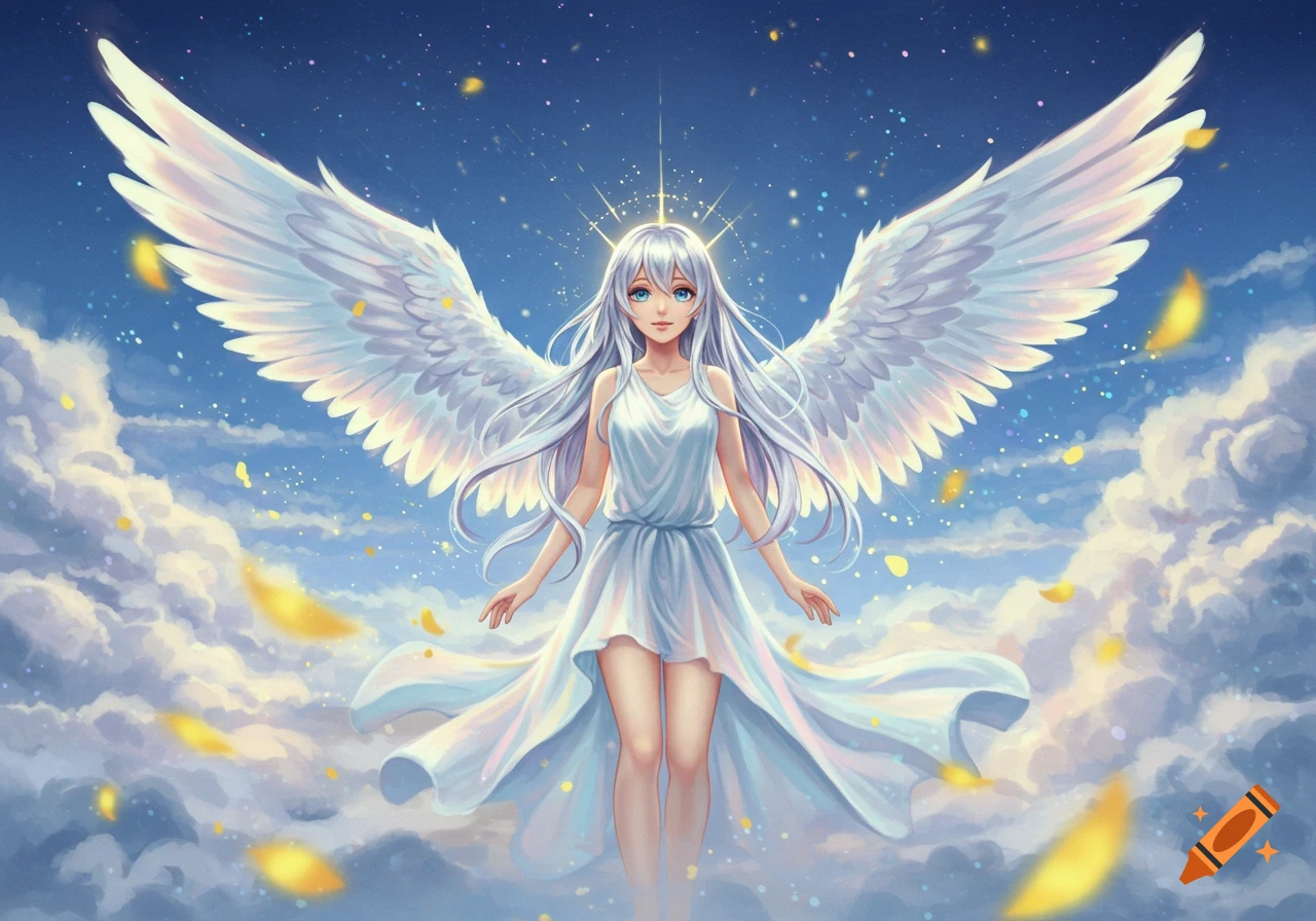 An anime girl angel with long white hair and large white wings floats among clouds in a starry blue sky with golden petals falling.