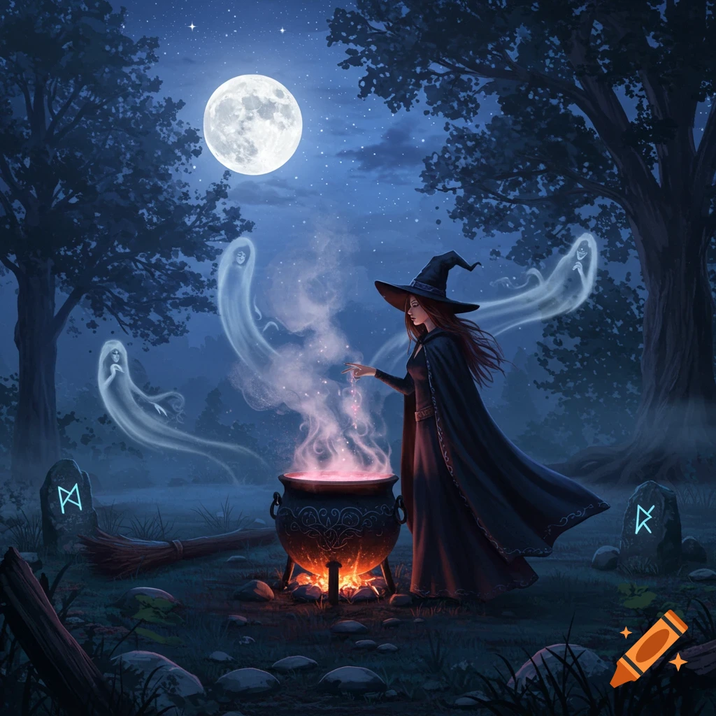 A witch in a dark forest stirring a glowing cauldron under a full moon, with ghosts floating nearby, in a magical art style.