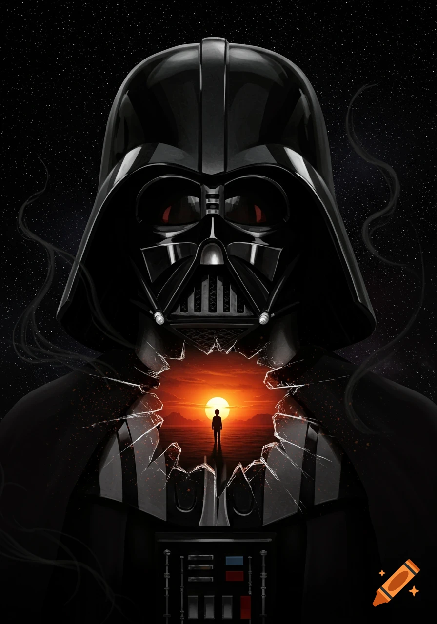 Darth Vader's mask cracked open, revealing a silhouetted boy on a desert planet at sunset against a starry sky.