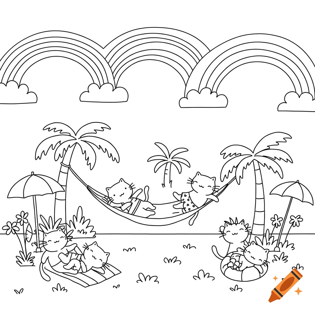 Line art of cartoon cats on a tropical beach under rainbows, some in hammocks, some on towels, and one in a floatie.