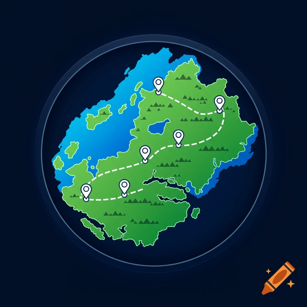A stylized circular map icon with green land, blue water, and a dashed path connecting multiple white location pins.