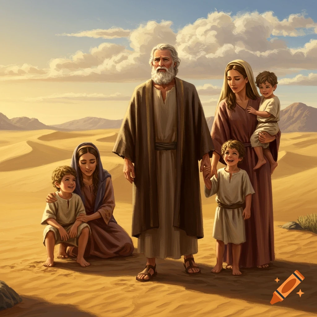 A family of an older man, two women, and two children in ancient robes walks across a vast desert landscape with sand dunes, illustration style.