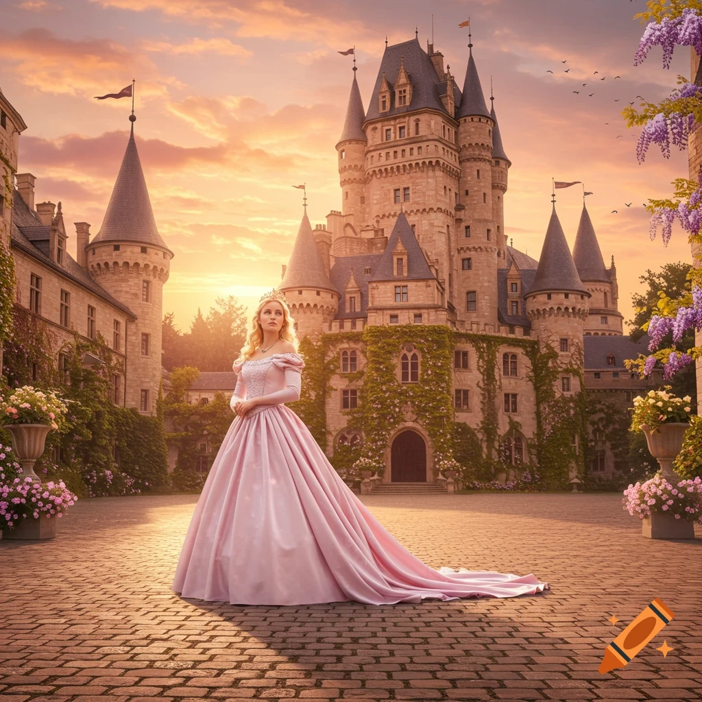 A blonde princess in a flowing pink gown stands in front of a grand fairytale castle at sunset, in a photorealistic style.