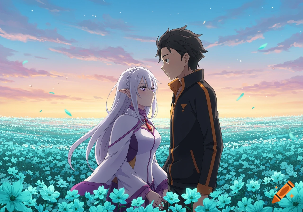 Anime style art of a man and woman with silver hair in a field of cyan flowers under a sunset sky, looking at each other.
