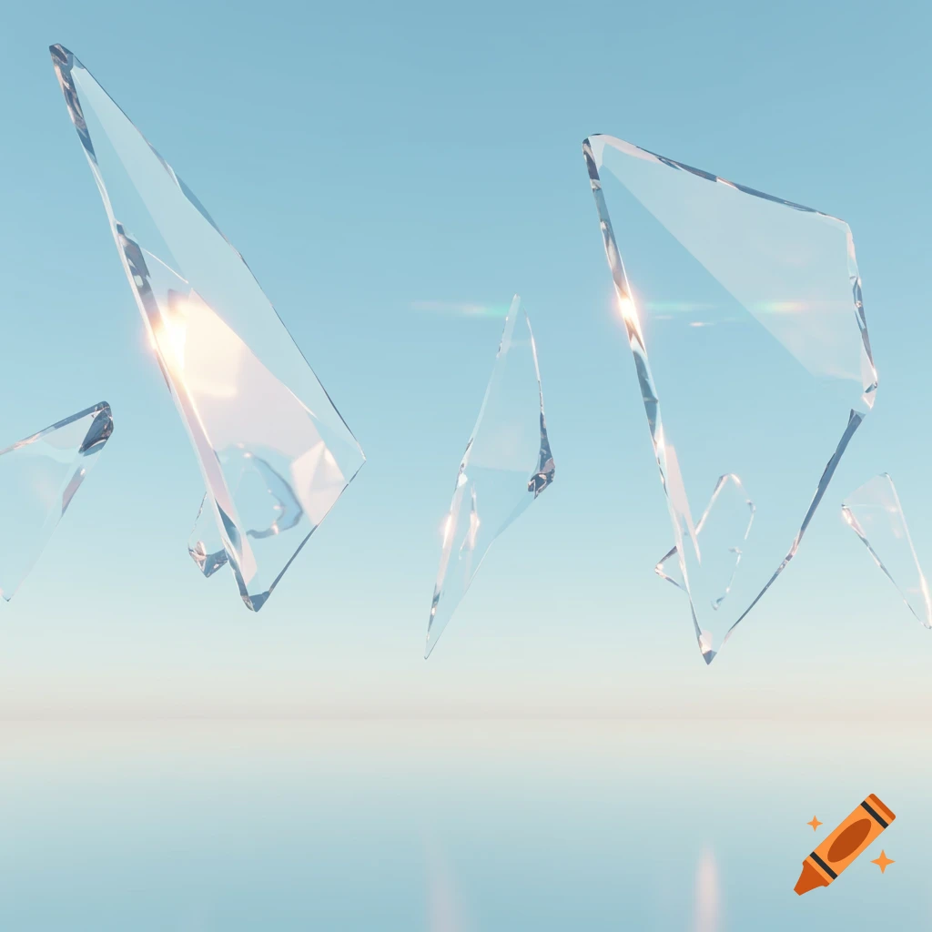Clear glass shards float against a light blue sky with sun glare.