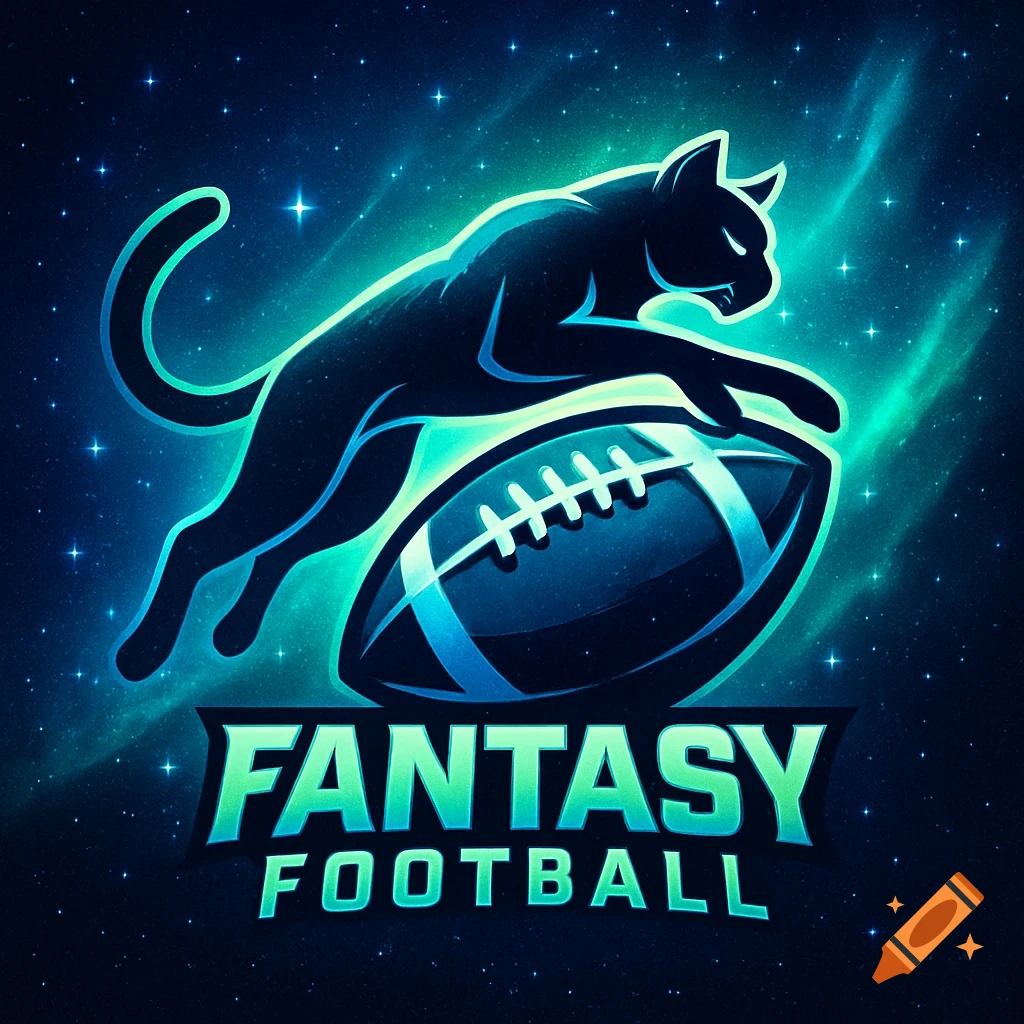 A stylized black cat jumps over a football, with glowing text 'FANTASY FOOTBALL' below, set against a starry cosmic background.
