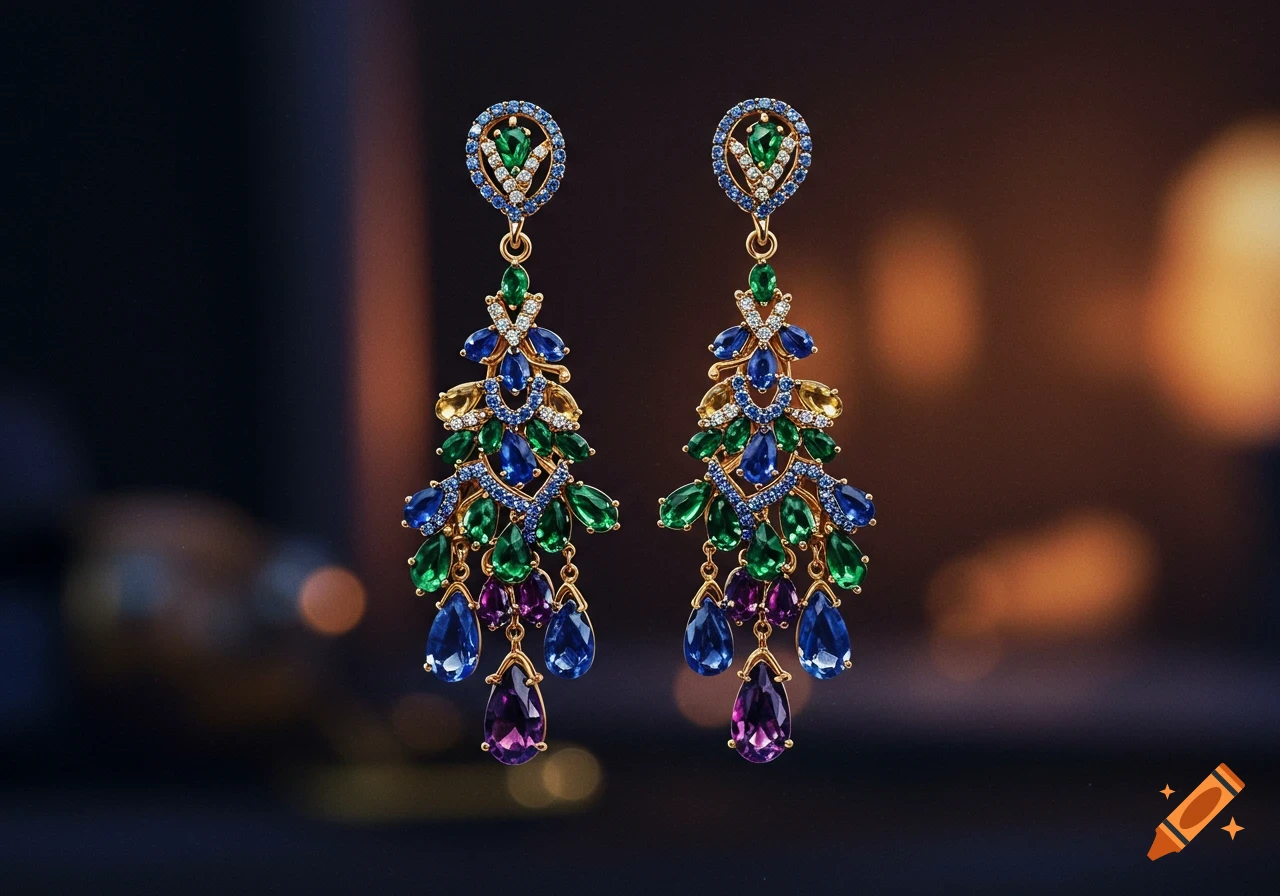 A pair of elaborate gold earrings adorned with vibrant green, blue, purple, and yellow gemstones against a dark, blurred background.