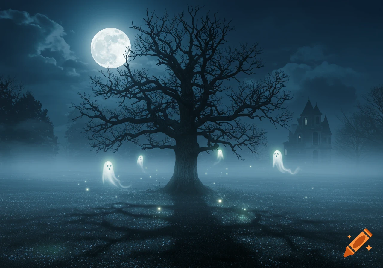 A spooky night scene with a full moon, bare tree, and several white ghosts floating in a misty field near a haunted house.