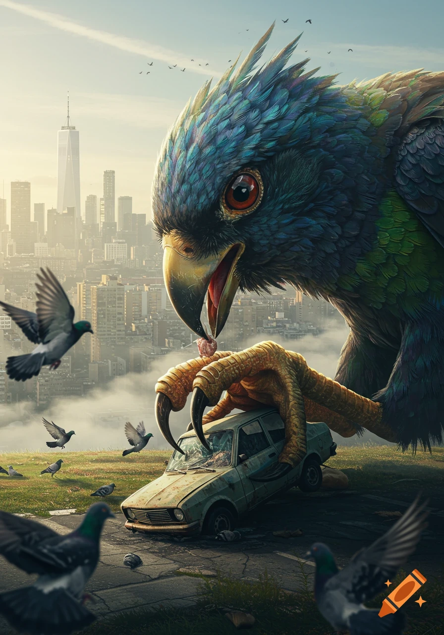 A gigantic colorful bird stands on a hill overlooking a cityscape, holding a crushed car and a piece of meat. Pigeons fly and stand nearby.
