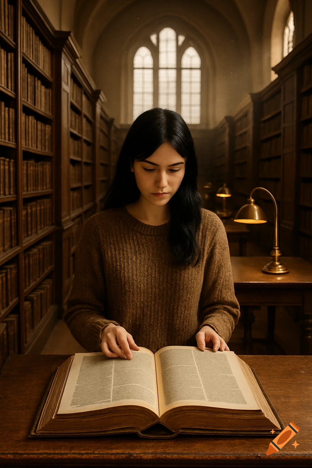 Young woman reading a large old book at a wooden table in a dimly lit library with tall bookshelves and arched windows.