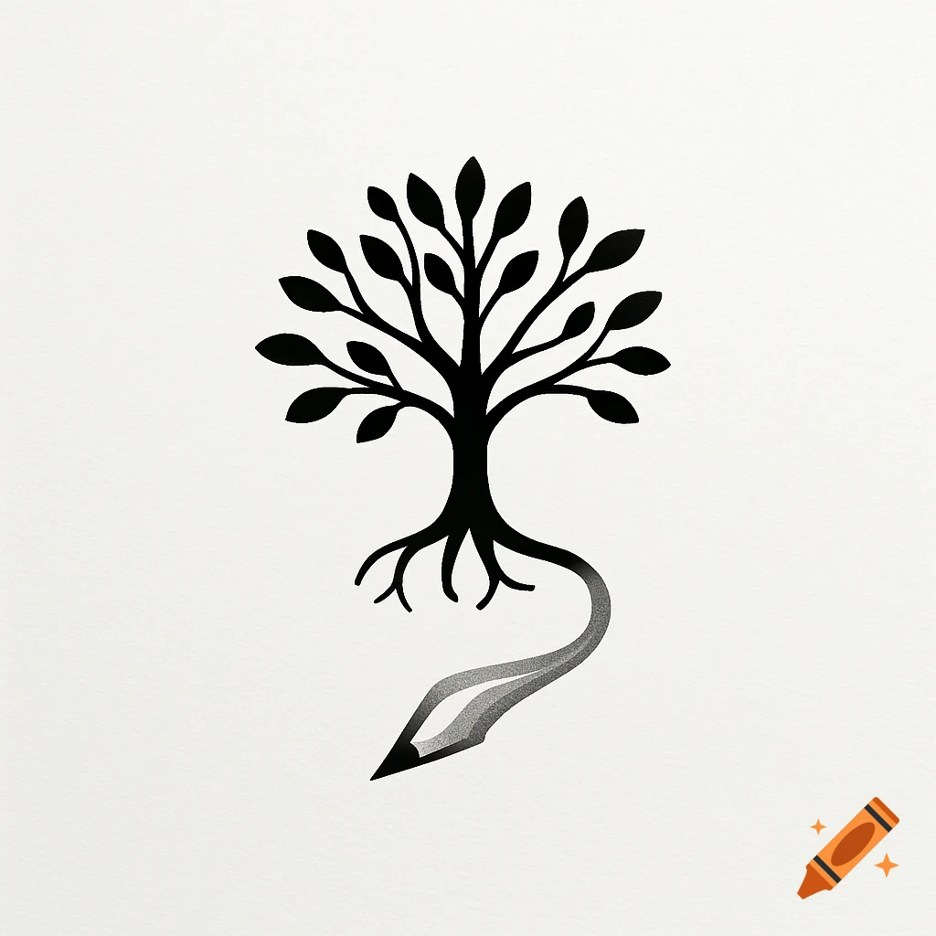 A black and white logo shows a stylized tree with roots that morph into a pencil, on a white background.