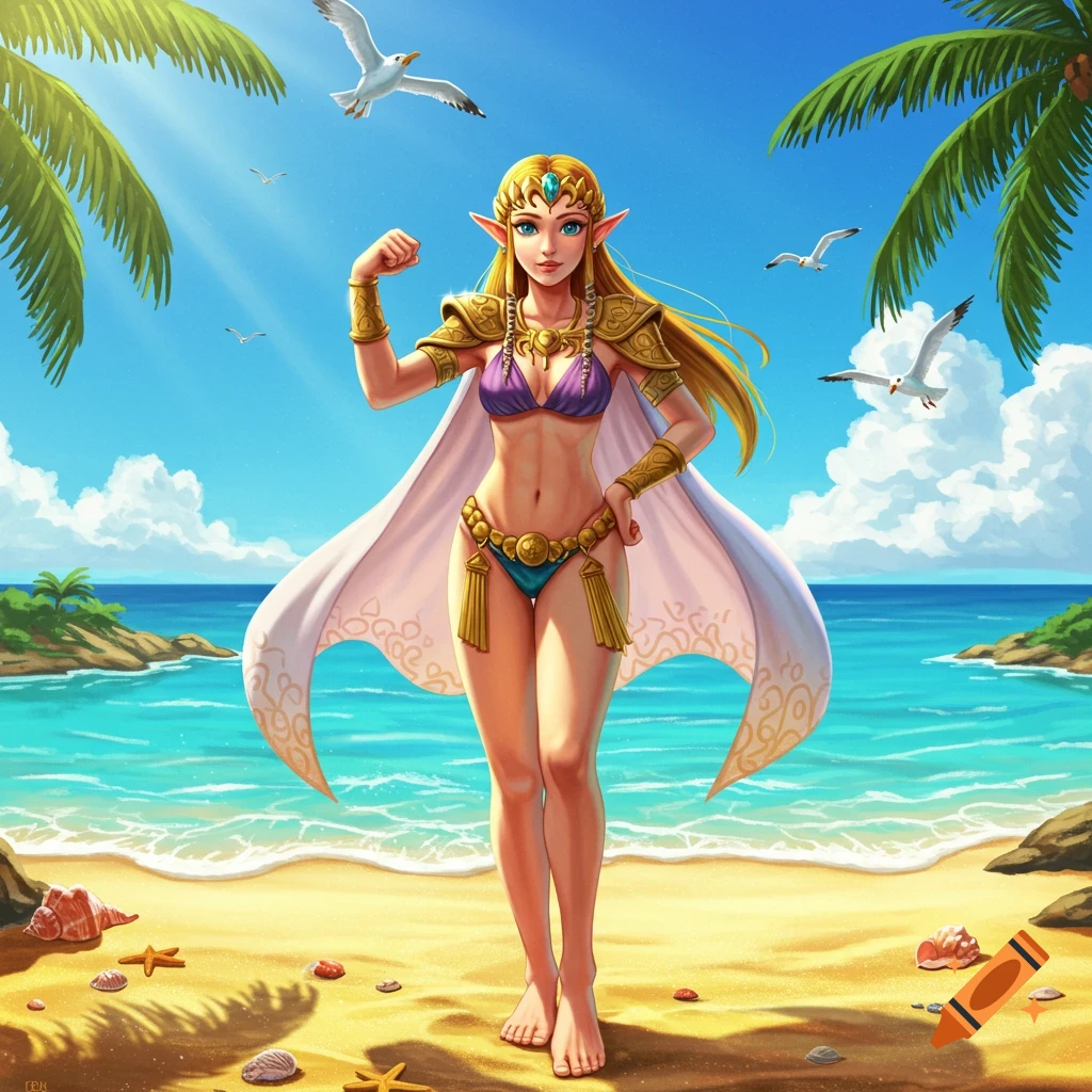 Princess Zelda in a bikini and golden armor flexing on a sunny beach with seagulls flying overhead.