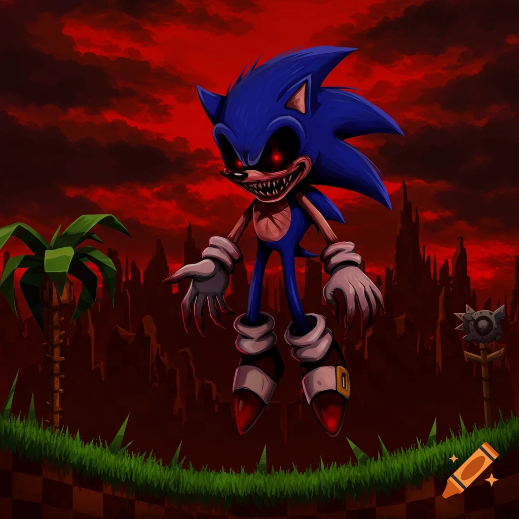 Creepy Sonic.exe with jagged teeth and red eyes floats over a dark landscape with a red sky.