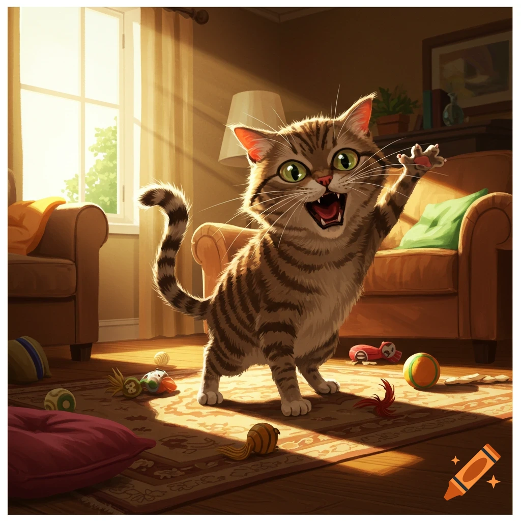 A cute, cartoon tabby cat with green eyes and open mouth, one paw raised, stands in a sunlit living room with scattered toys.