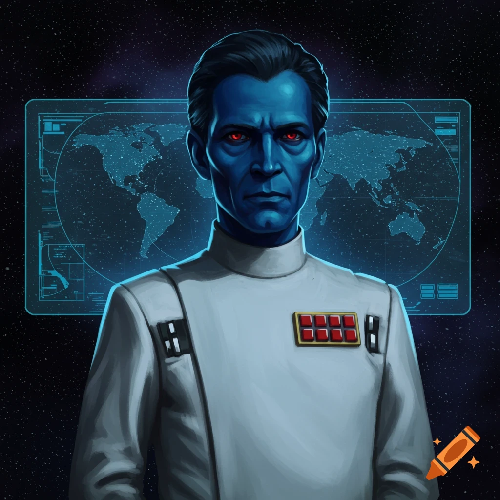 Illustration of Grand Admiral Thrawn, a blue-skinned man with red eyes, in a white imperial uniform against a cosmic background with a holographic map.