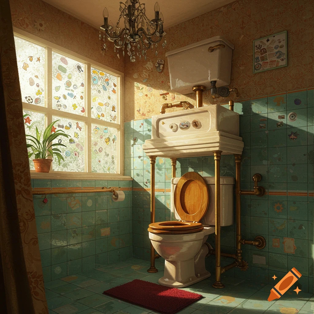 A whimsical, tall double decker toilet with a wooden seat in a sunlit bathroom with teal tiled walls, a large window with colorful stickers, and a plant on the sill. A red rug lies on the floor.