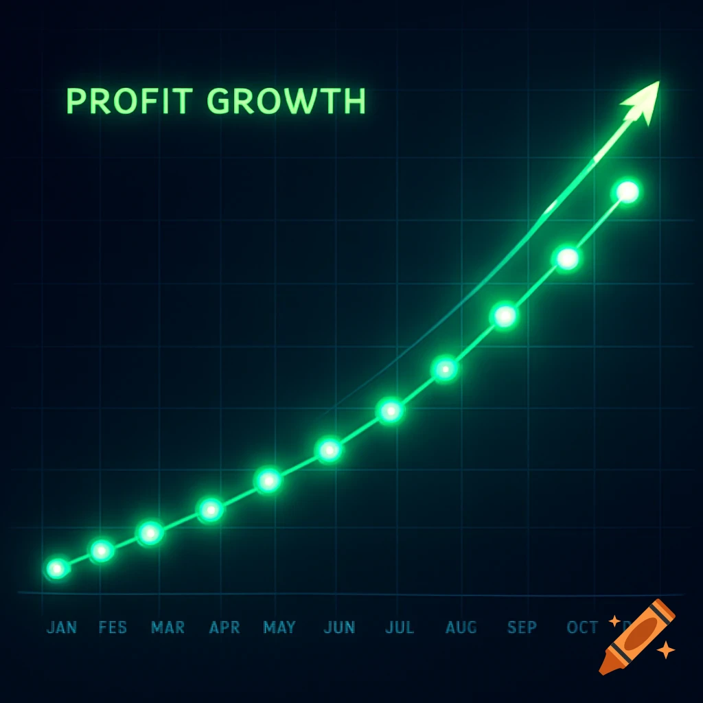 Neon green line graph on a dark blue grid, showing an upward trend of profit growth over months.