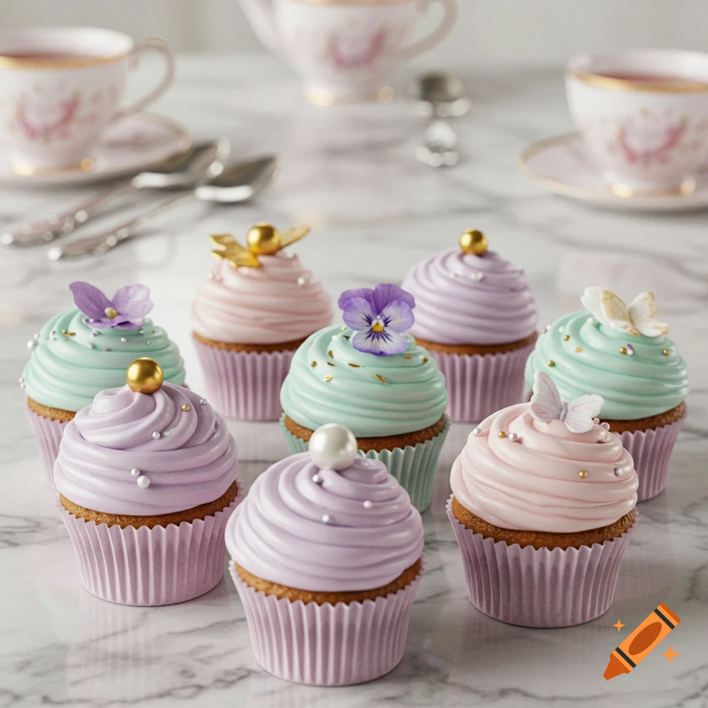 Eight pastel-frosted cupcakes with decorative toppers arranged on a marble table with teacups in the background, photorealistic style.