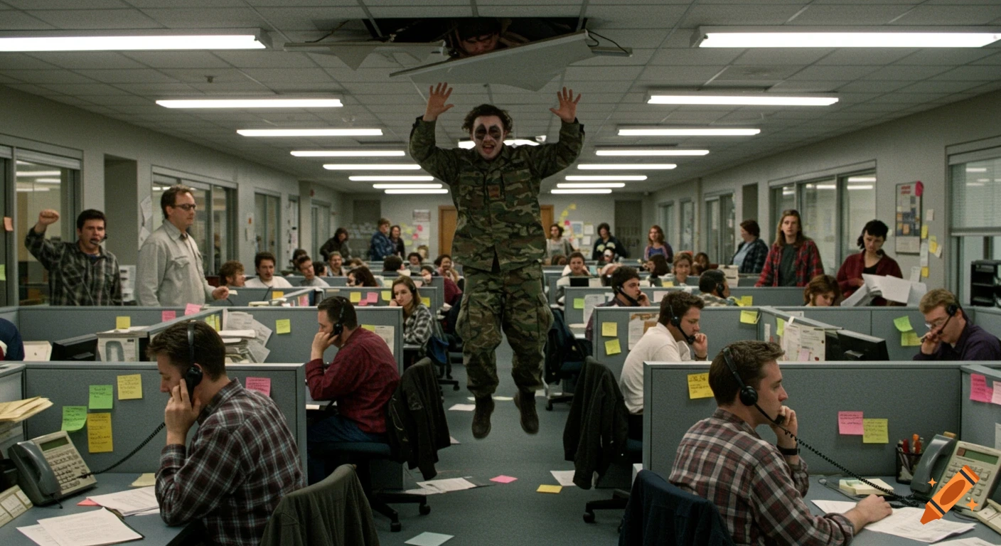 A chaotic office with cubicles where a man in camouflage and face paint drops through the ceiling as workers react.