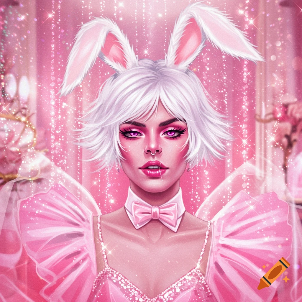 A vibrant pink and sparkly digital portrait of an androgynous person with white hair, bunny ears, pink makeup, and a pink dress.