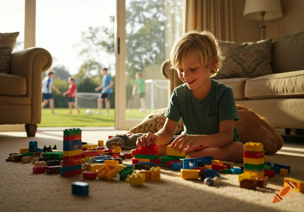 A smiling blond boy sits on a carpet, playing with colorful Lego bricks in a sunlit living room. Other kids play soccer outside a large window.