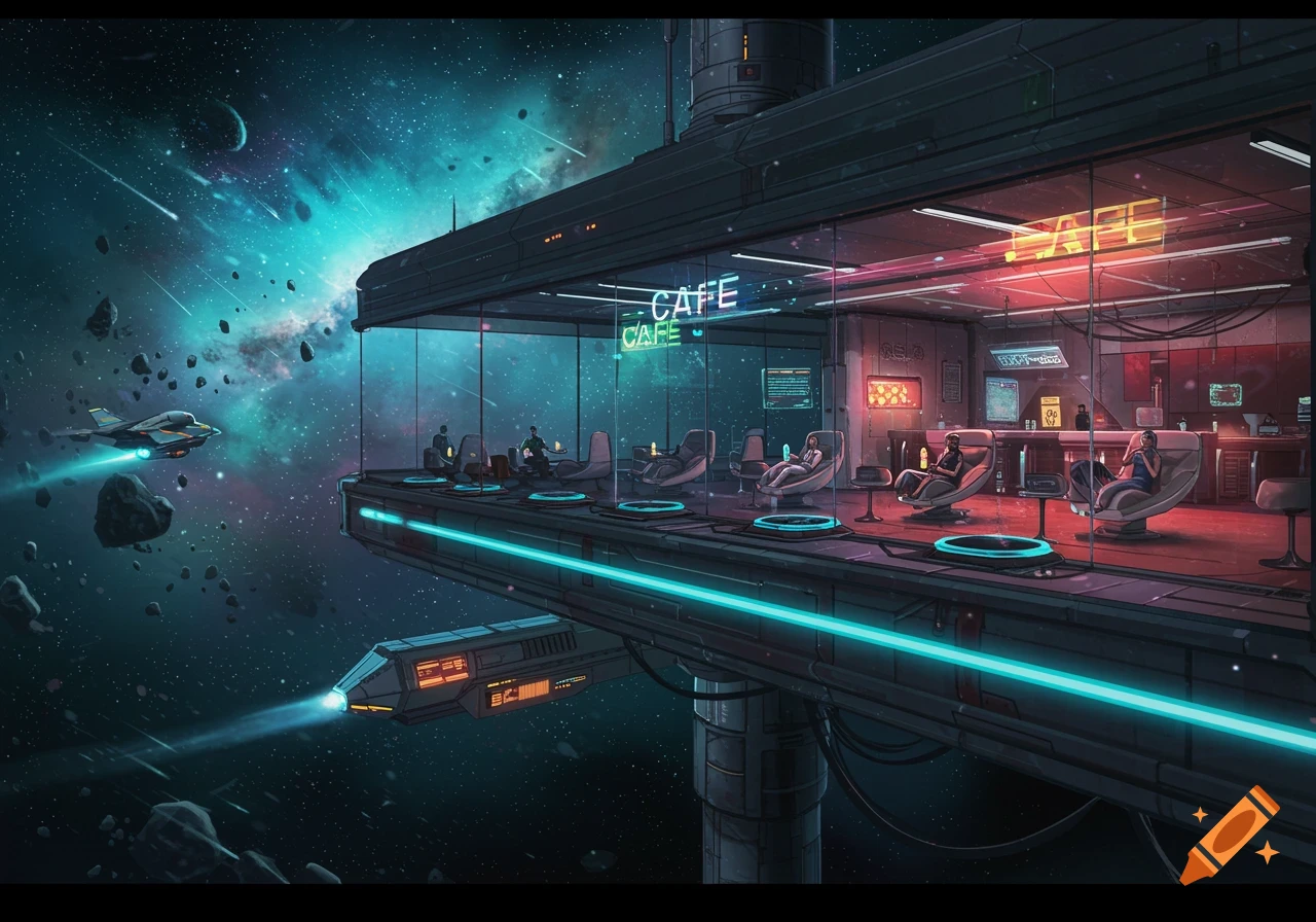 A vibrant sci-fi scene of a futuristic cafe suspended in space, with patrons lounging and spaceships flying by asteroids.