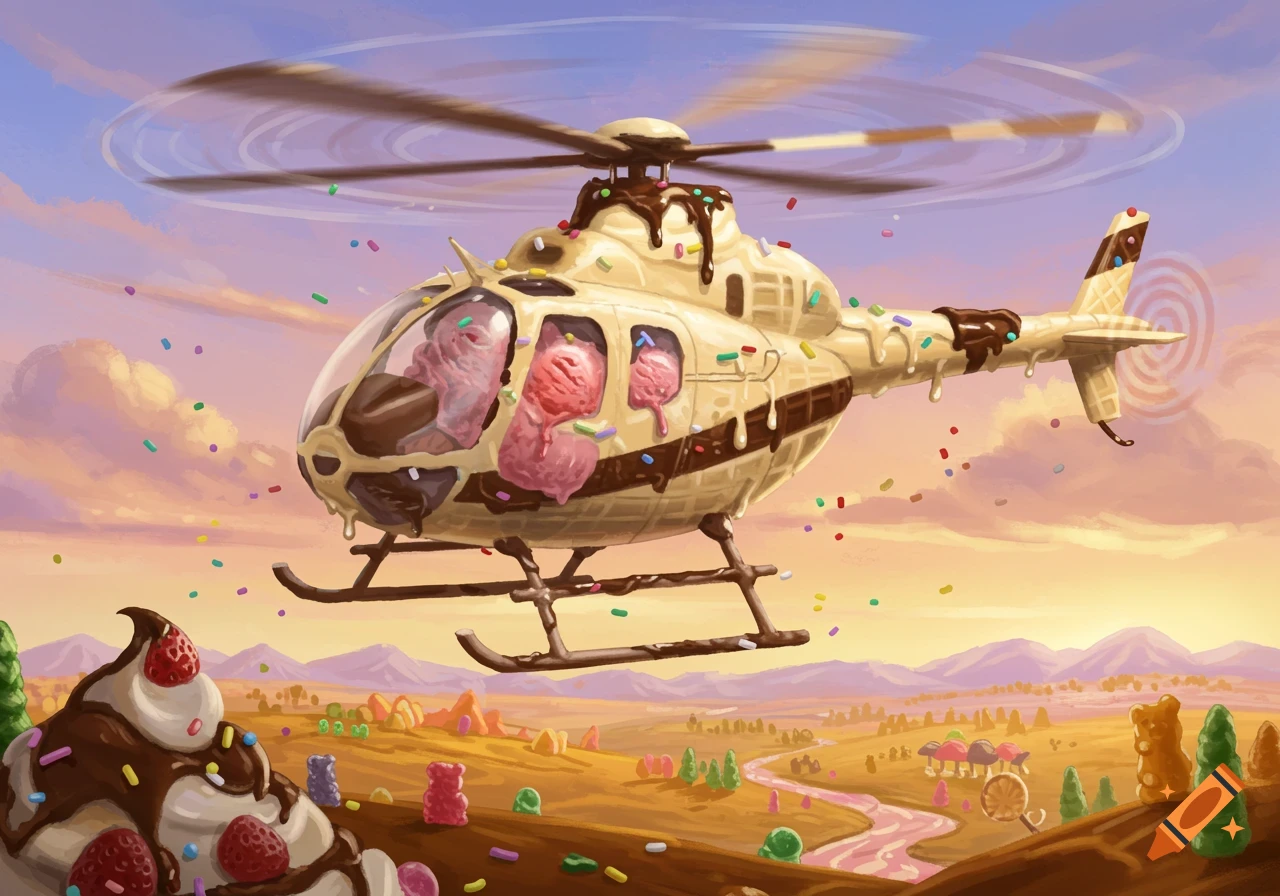 A whimsical helicopter made of ice cream and chocolate with sprinkles flies over a landscape of candy and sweets at sunset.