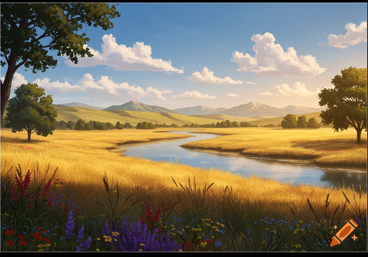 A vibrant landscape painting depicting a winding river through golden fields, with mountains in the background under a blue sky.