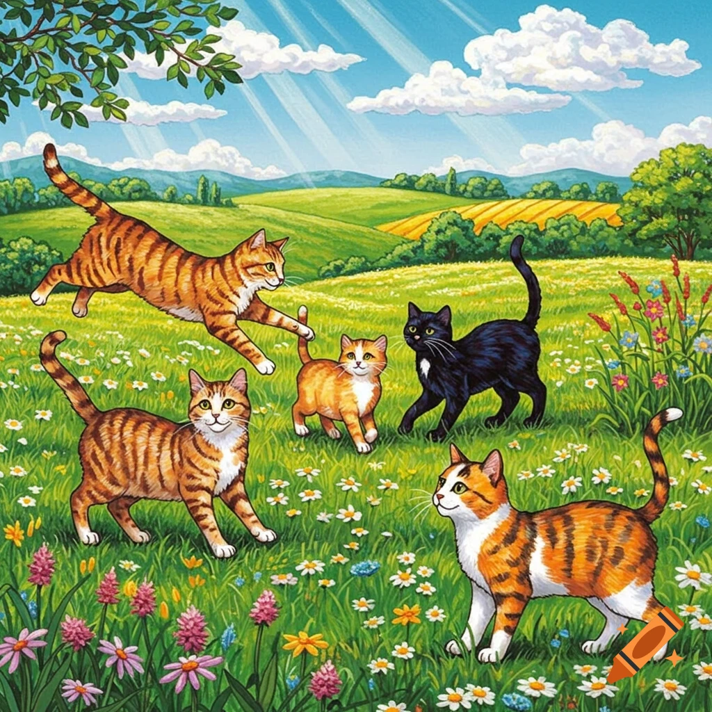 A bright illustration of multiple cats playing in a vibrant green field with colorful flowers under a blue sky.