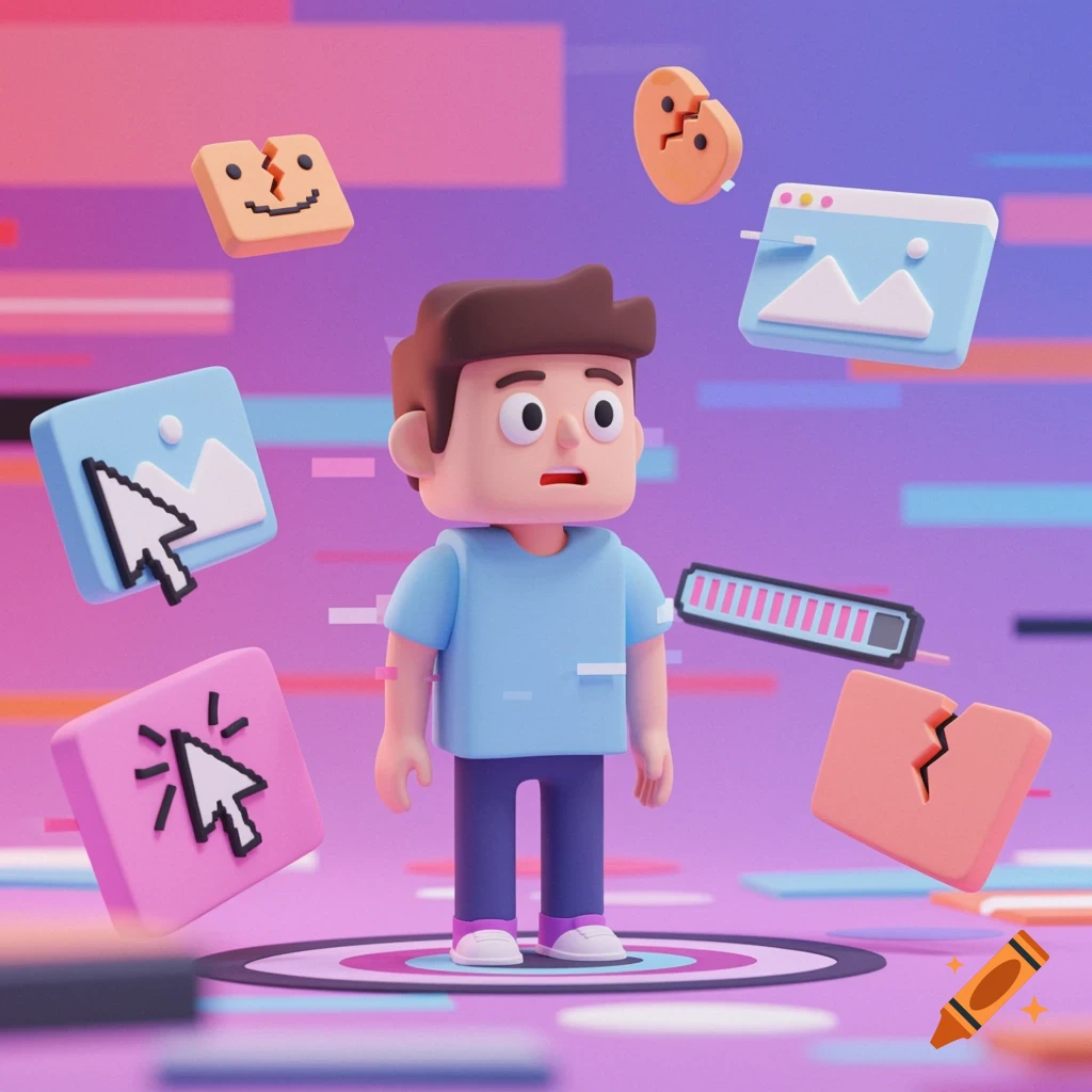A distressed 3D cartoon man surrounded by floating digital icons like cursors, a loading bar, and broken files on a glitchy background.