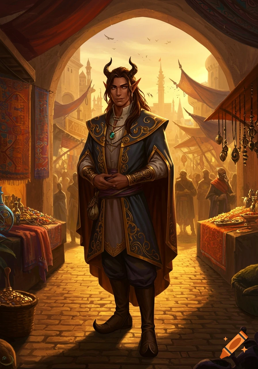 A horned, pointy-eared fantasy merchant stands in a bustling market archway, vibrant sunset light illuminating the scene.