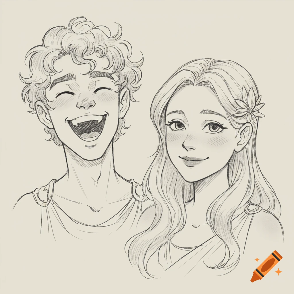 Pencil sketch of two young people, a man with curly hair laughing and a woman with long wavy hair smiling gently.