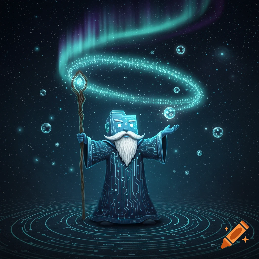 A cartoon-style wizard with a square, circuit-board head and robe, white beard, holding a glowing staff. He stands in a cosmic background with binary code and bubbles swirling around him.
