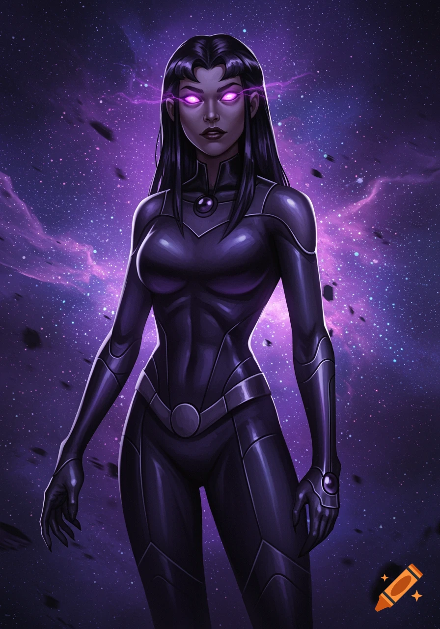 Blackfire from Teen Titans, a woman with long dark hair and glowing purple eyes, in a dark purple suit, standing in a purple cosmic background.