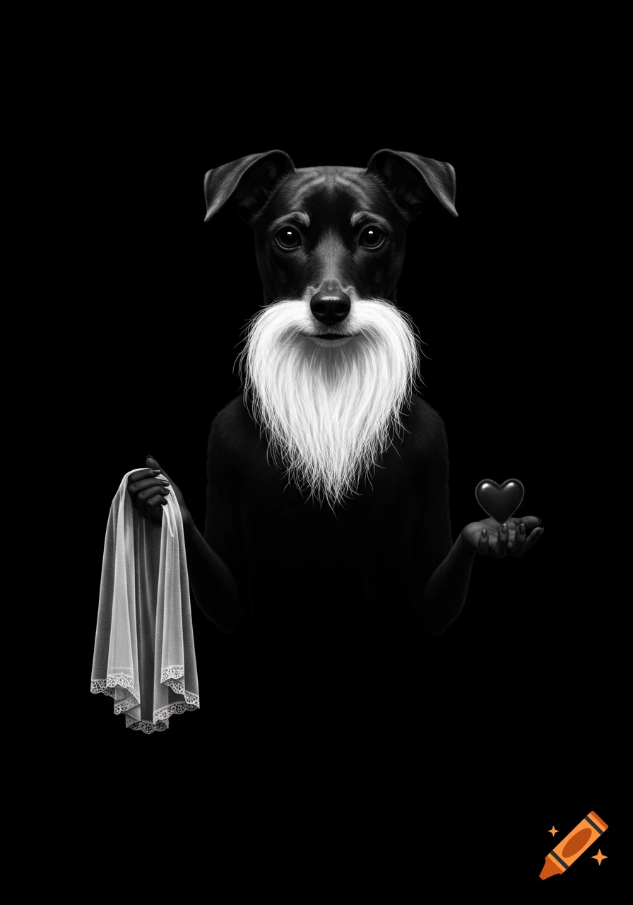 Black and white portrait of a dog with a white beard and human-like hands holding a sheer veil and a heart.