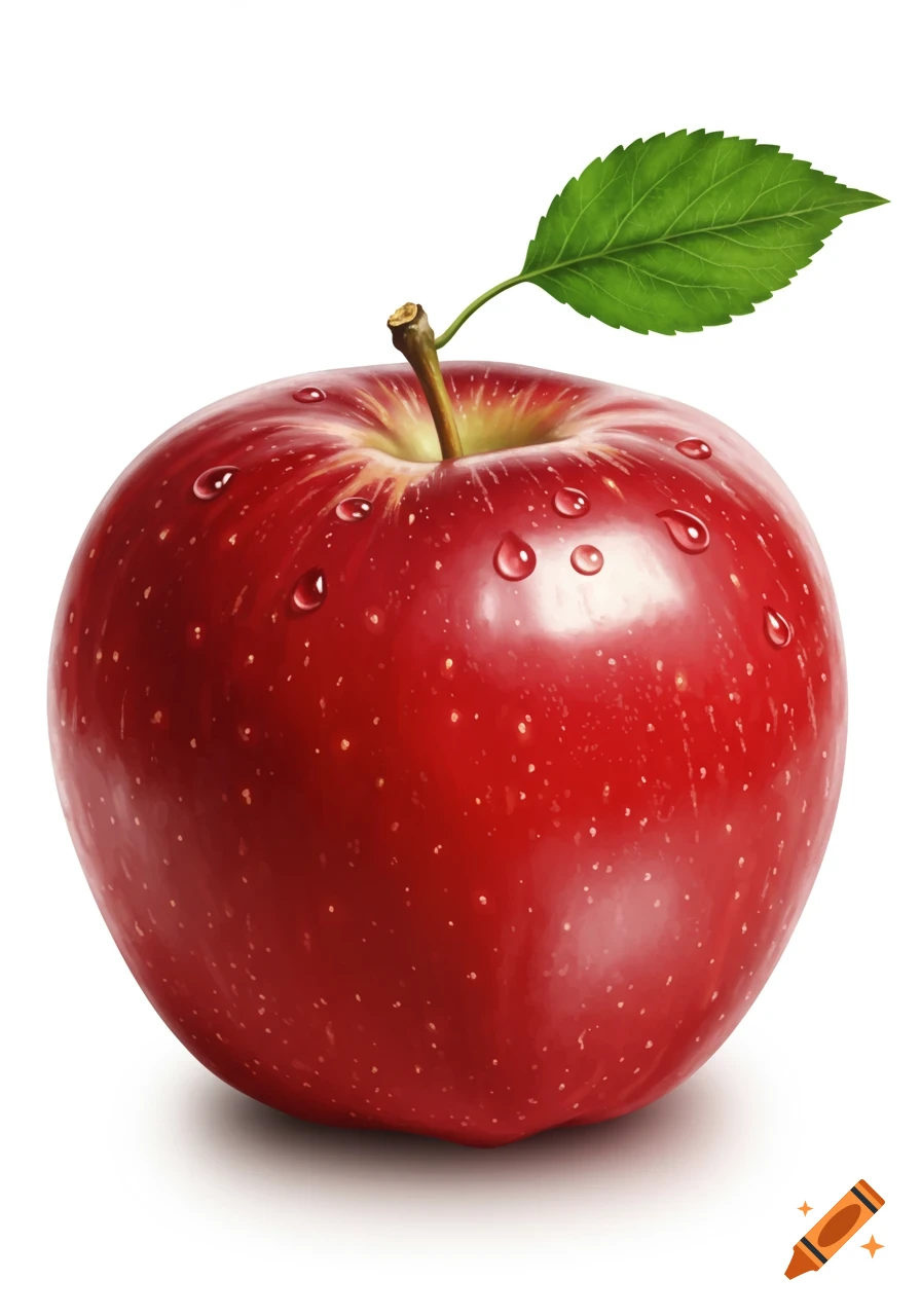 A vibrant red apple with water droplets and a green leaf on a stem, against a white background.