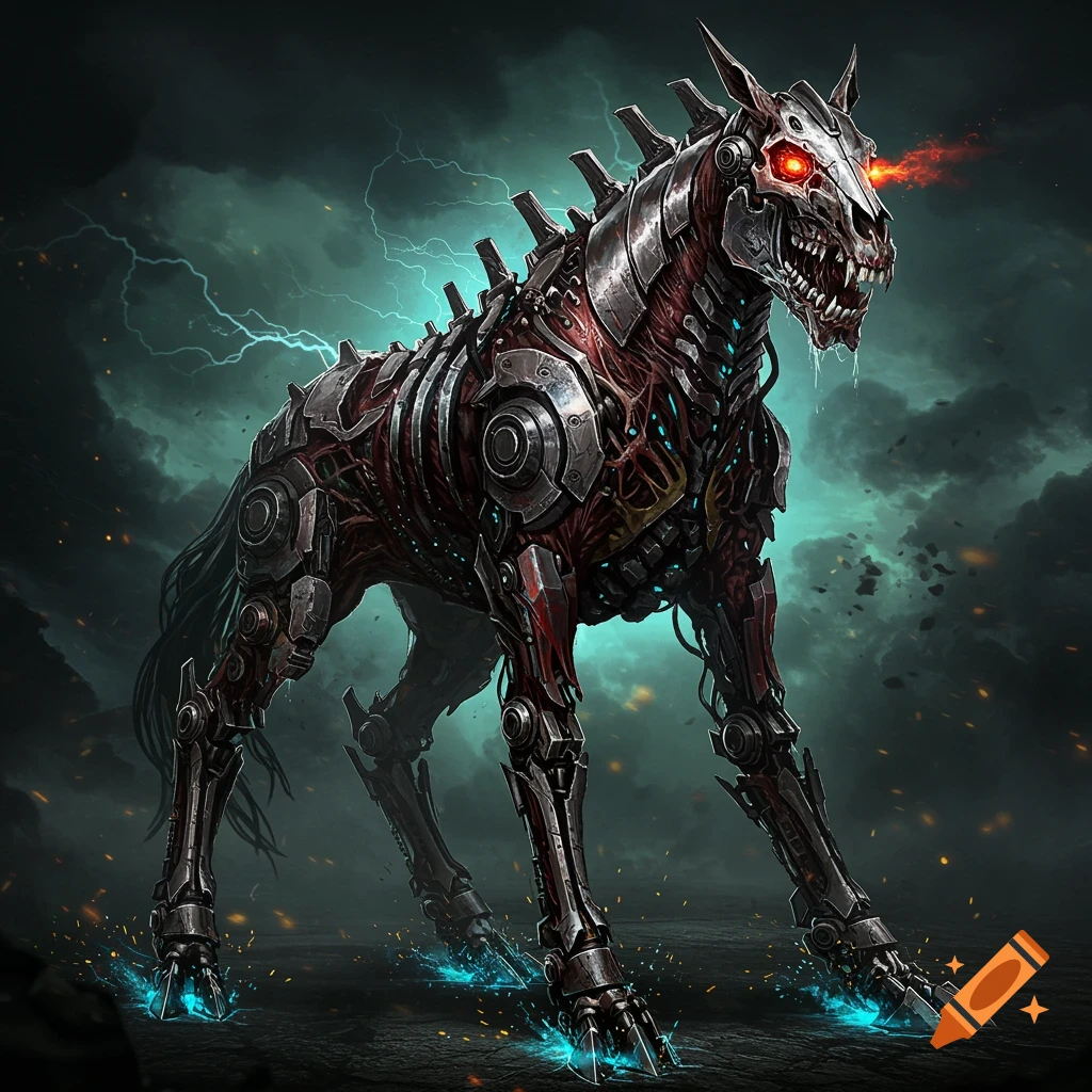 A monstrous cybernetic horse with glowing red eyes and metal armor plates, standing under a dark, stormy sky with lightning.