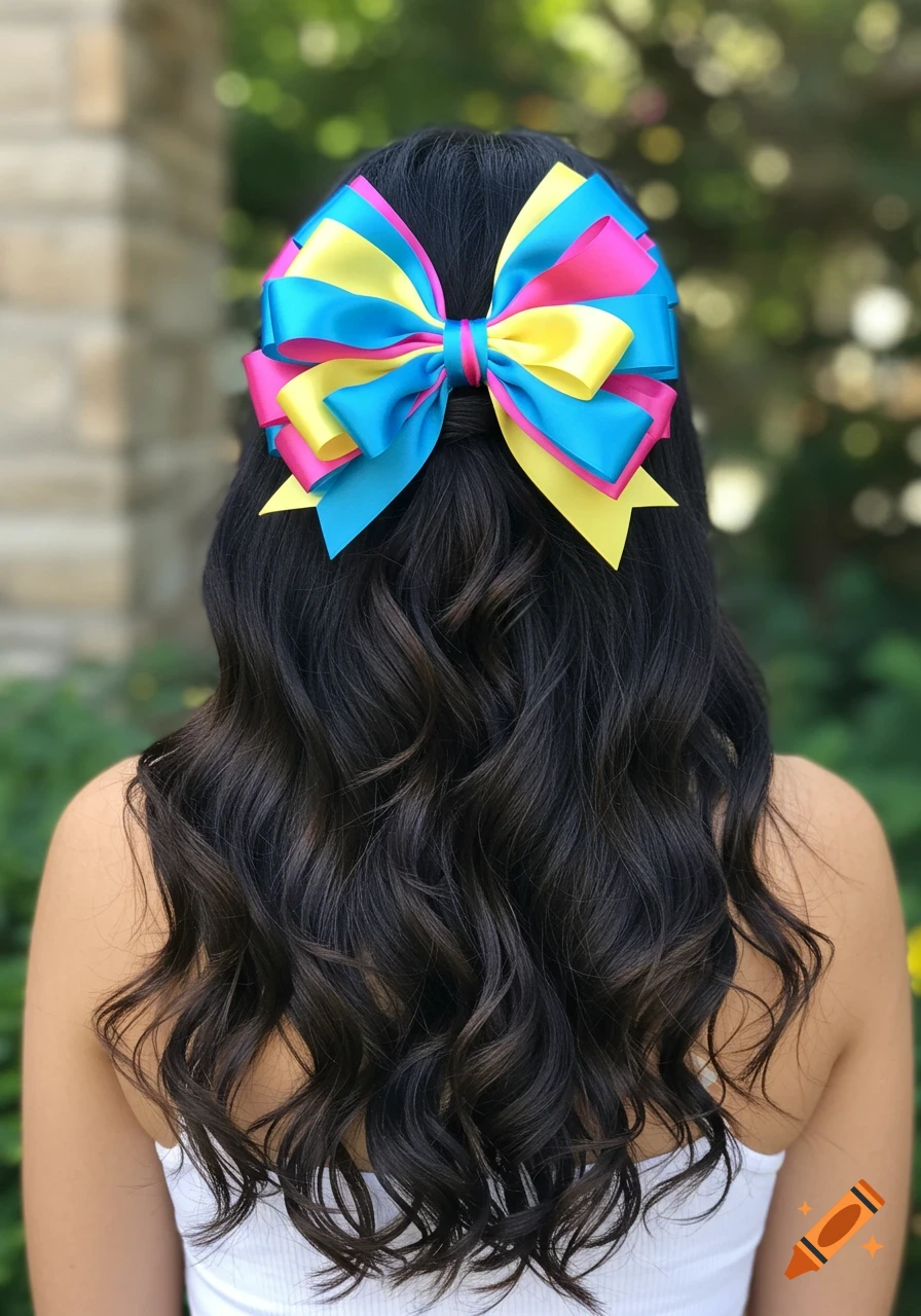 Back view of a person with long, dark, wavy hair, adorned with a large, colorful pink, blue, and yellow bow.