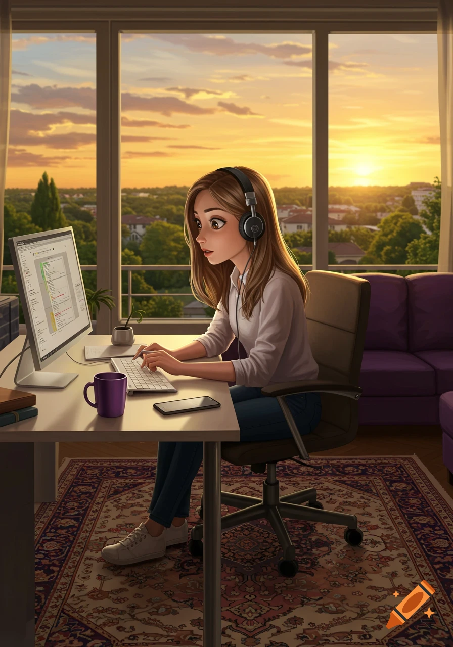 Anime-style girl with headphones working on a computer at a desk, with a sunset city view from a large window.