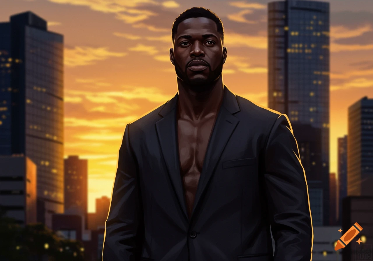 Digital art of a man in an open suit jacket against a sunset cityscape.
