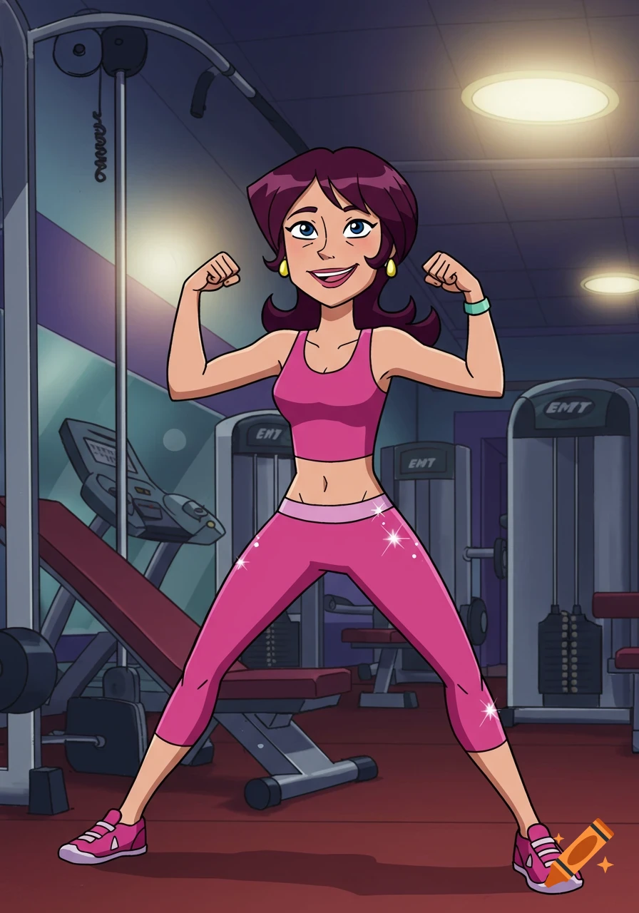 A cartoon woman with purple hair in a pink sports outfit flexes her arms in a gym, in the style of Totally Spies.