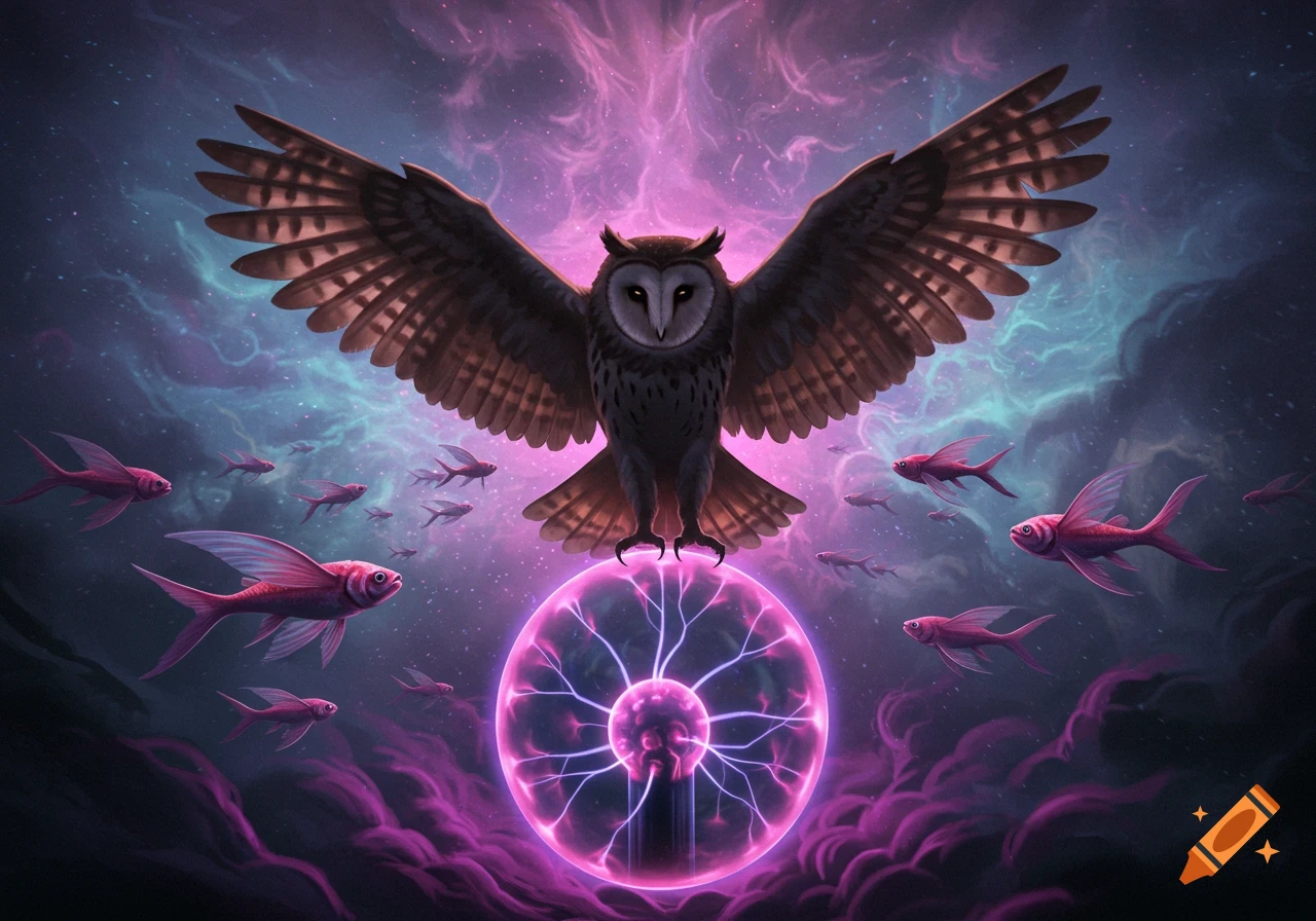 An owl with wings spread stands on a glowing purple plasma globe, with pink flying fish swimming through a vibrant purple and blue cosmic sky.