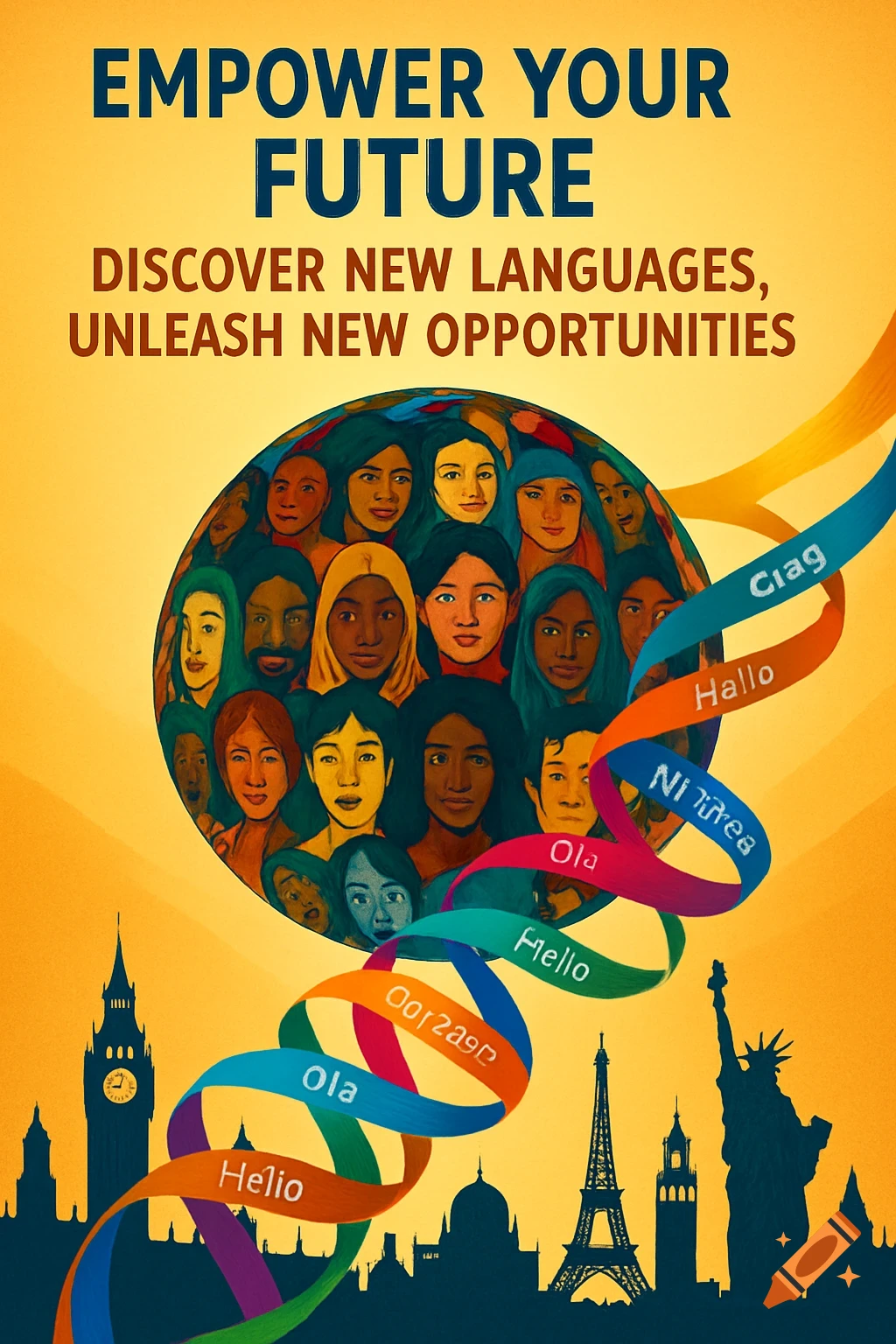 A poster with "EMPOWER YOUR FUTURE, DISCOVER NEW LANGUAGES, UNLEASH NEW OPPORTUNITIES" at the top. A globe filled with diverse faces is central, surrounded by ribbons with words like "Ciao," "Hallo," "Ola," and "Hello." Below is a silhouette of global landmarks.