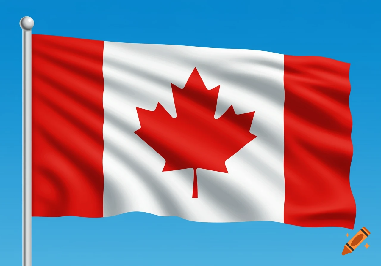 The red and white Canadian flag with a central maple leaf, waving against a bright blue sky.