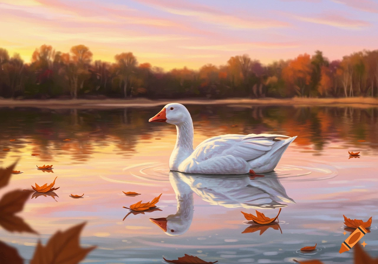 A white goose floats on a serene lake with autumn leaves, reflecting the vibrant sunset sky and surrounding trees.